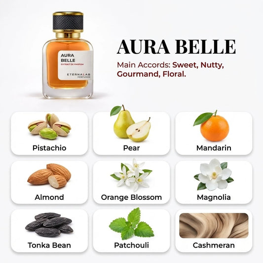 Eterna Lab Aura Belle perfume bottle with sweet, nutty, gourmand, floral notes of pistachio, pear, mandarin, almond, and m...