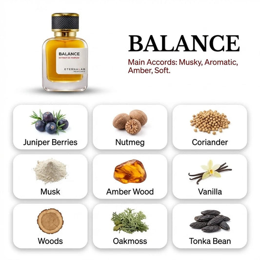 Eterna Lab Balance Extrait de Parfum with musky, aromatic, amber, soft accords, featuring juniper, nutmeg, vanilla, woods.