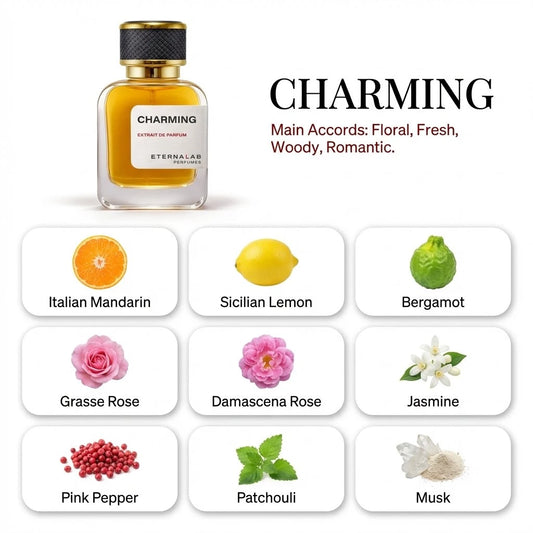 Eterna Lab Charming Extrait de Parfum with notes of Italian Mandarin, Grasse Rose, Pink Pepper, Patchouli, and Musk.