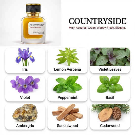 Eterna Lab Countryside perfume: iris, violet, lemon verbena, peppermint, sandalwood, cedarwood, and ambergris notes.