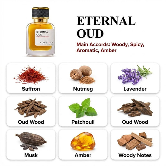 Eterna Lab Eternal Oud, a woody, spicy, aromatic, amber fragrance with saffron, nutmeg, lavender, oud, patchouli, musk, am...