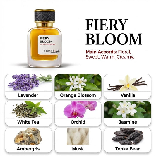 Eterna Lab Fiery Bloom Extrait de Parfum, a floral, sweet perfume with notes of Lavender, Orange Blossom, Vanilla, Tonka B...