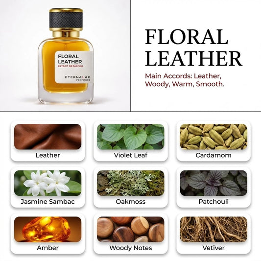 Eterna Lab's Floral Leather perfume blends leather, violet leaf, cardamom, jasmine, oakmoss, patchouli, amber, woods, and ...
