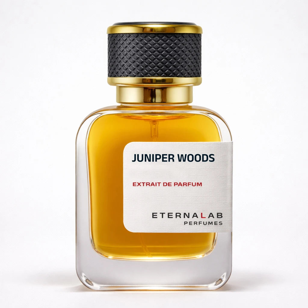 Eterna Lab Perfumes Juniper Woods Extrait de Parfum in a clear glass bottle with a prominent white label.