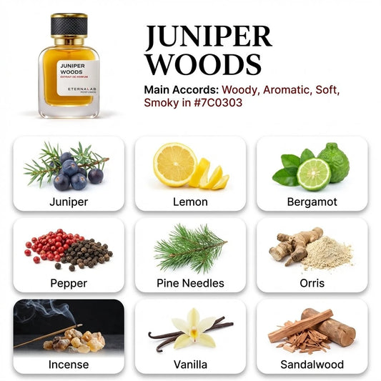 Eterna Lab Juniper Woods perfume with scent notes of juniper, lemon, bergamot, pepper, pine, orris, incense, vanilla, and ...