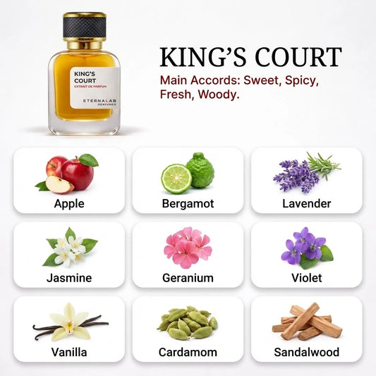Eterna Lab King's Court perfume, a sweet, spicy, fresh, woody fragrance with apple, lavender, vanilla, sandalwood notes.