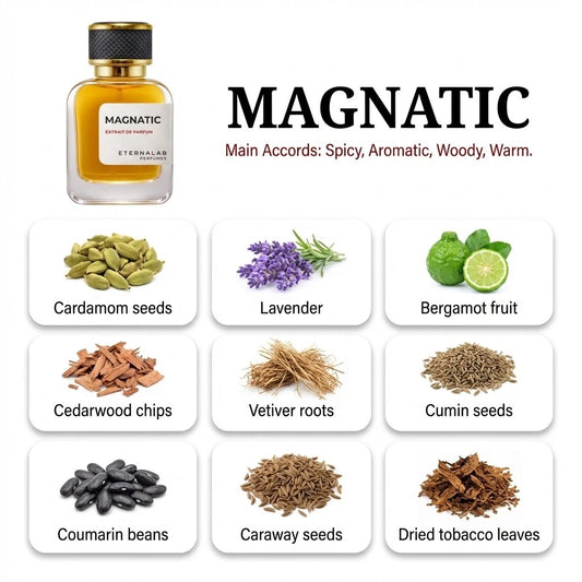 Eterna Lab Magnatic perfume bottle featuring spicy, aromatic, woody notes like cardamom, lavender, cedarwood, tobacco.