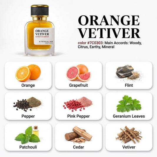 Eterna Lab Orange Vetiver perfume bottle, highlighting citrus, spicy, woody, earthy, and mineral notes.