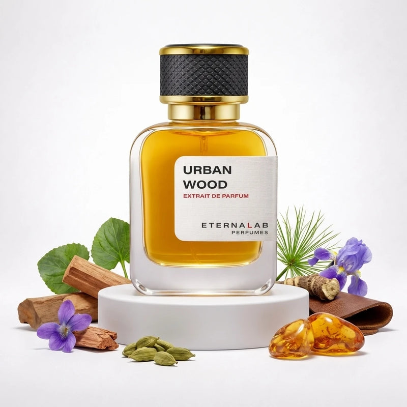 Eterna Lab Urban Wood Extrait de Parfum with visual scent notes of cedarwood, violet, cardamom, iris, vetiver root, and am...
