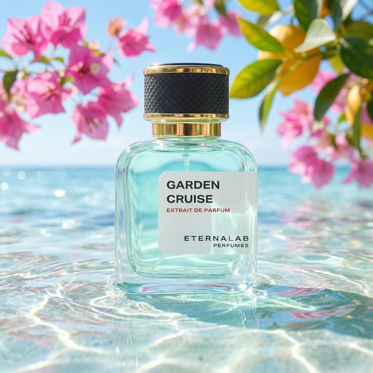 Eterna Lab Garden Cruise floral perfume bottle floating on turquoise water, light marine and fruity summer fragrance, tropical holiday aesthetic.