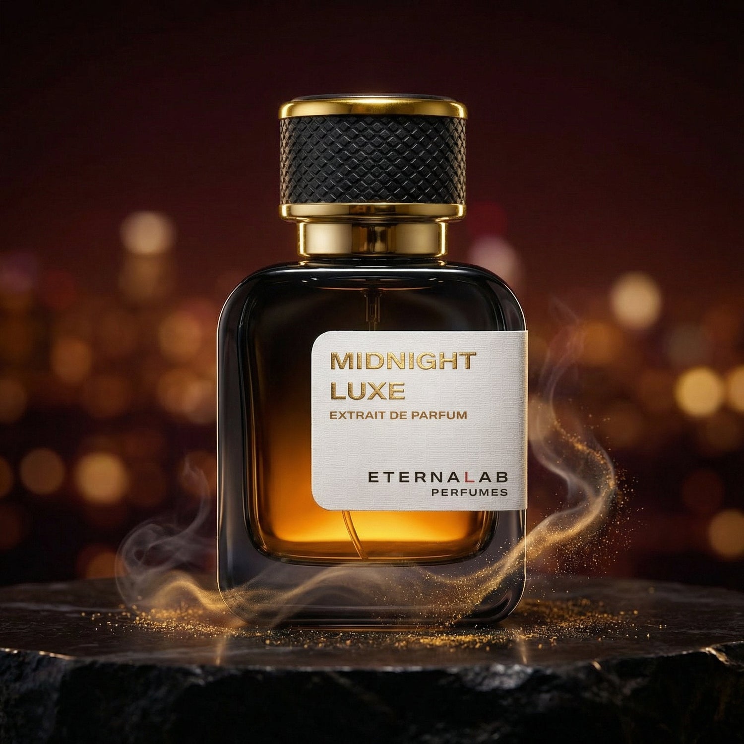 Eterna Lab Midnight Luxe perfume bottle on dark basalt rock, intense spicy evening fragrance, mysterious dark aesthetic with amber lighting.