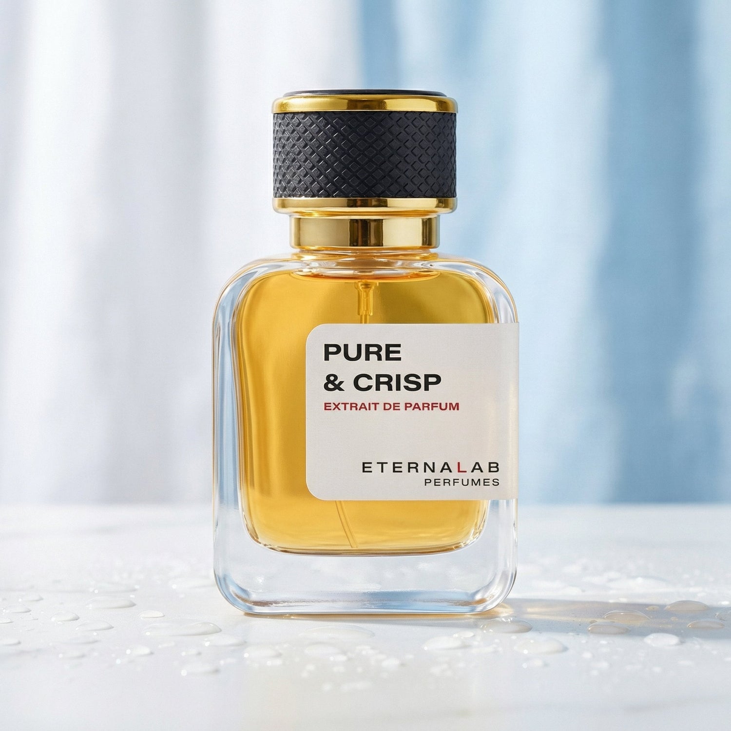 Eterna Lab Pure & Crisp fresh perfume bottle on white marble, clean citrus and soapy fragrance, minimalist bright aesthetic with sunlight.