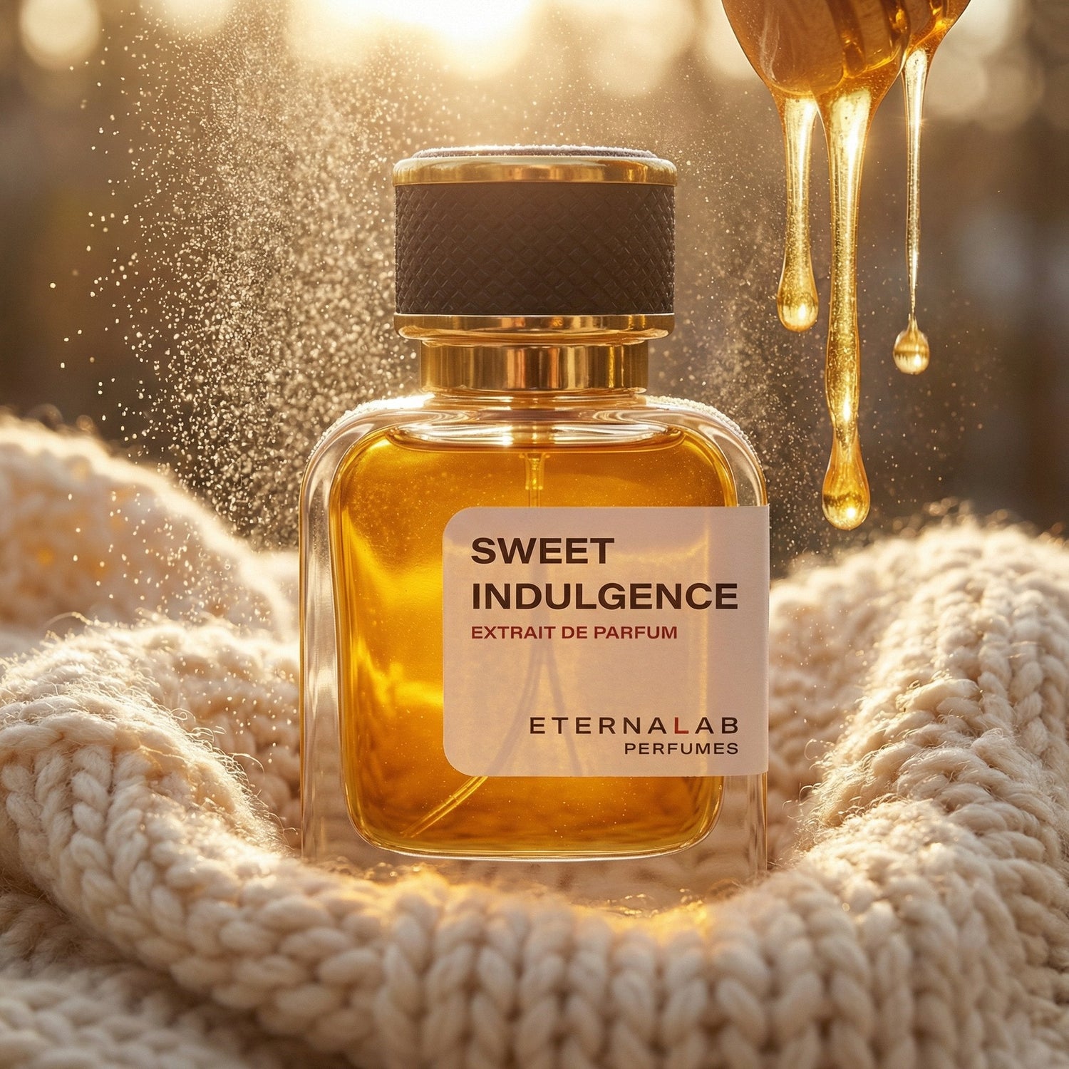 Eterna Lab Sweet Indulgence gourmand perfume bottle on cream wool, warm vanilla and amber fragrance, cozy aesthetic with golden honey.