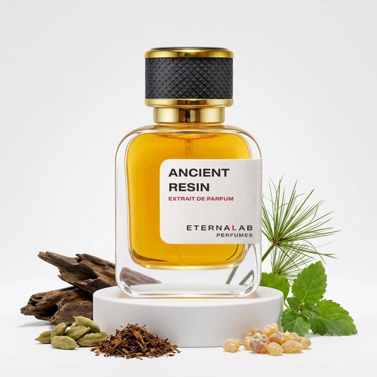 Eterna Lab Ancient Resin Extrait de Parfum with driftwood, cardamom pods, tobacco, frankincense resin, and green herbs.