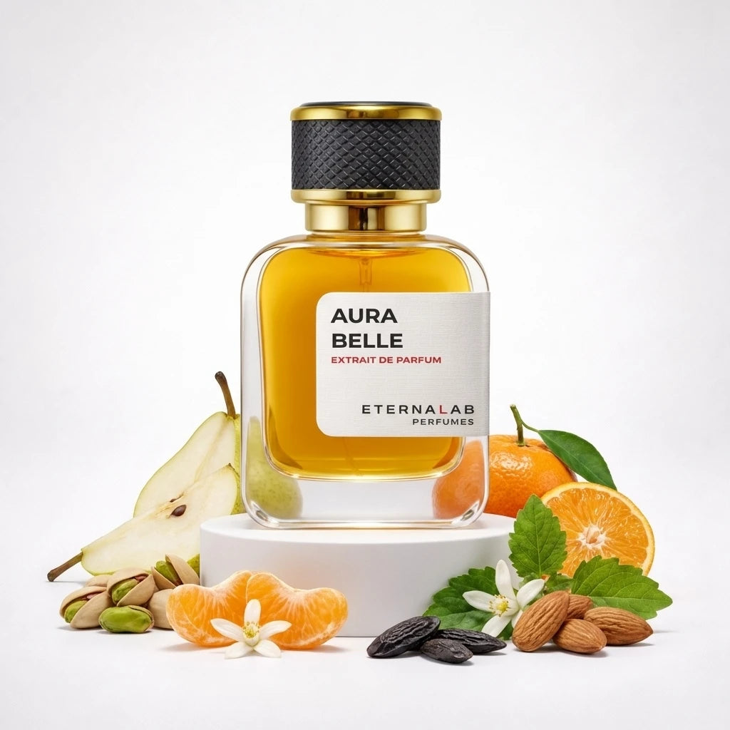 Eterna Lab Aura Belle Extrait de Parfum surrounded by pear, mandarins, pistachios, almonds, tonka beans, and orange blossoms.