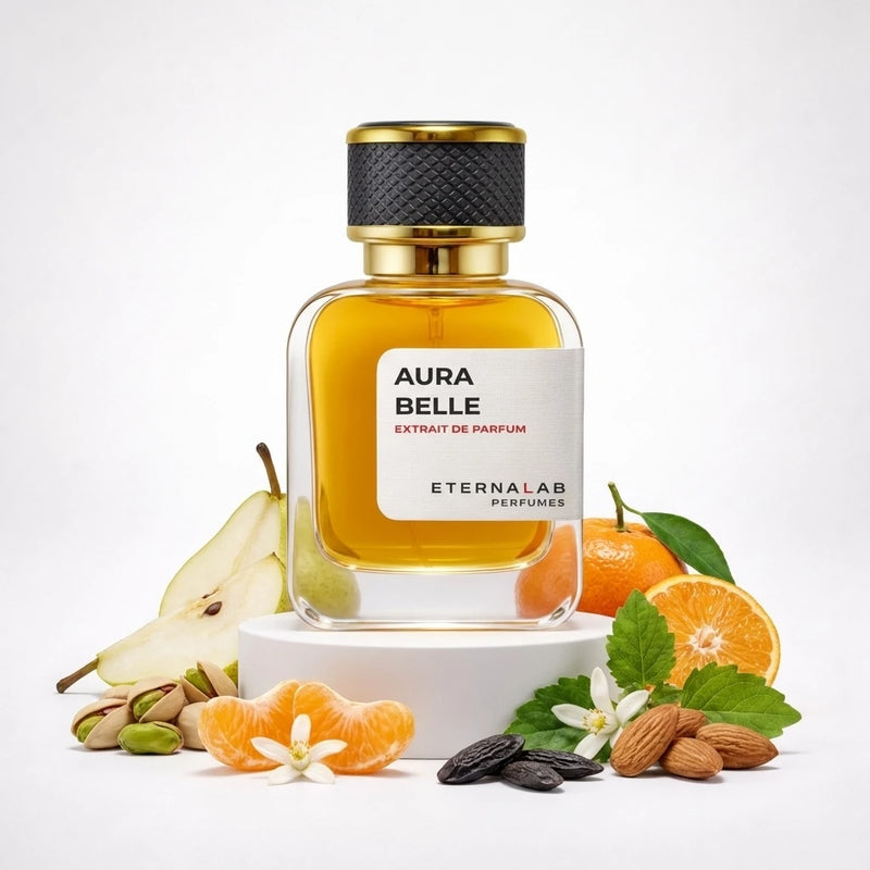 Eterna Lab Aura Belle Extrait de Parfum surrounded by pear, mandarins, pistachios, almonds, tonka beans, and orange blossoms.