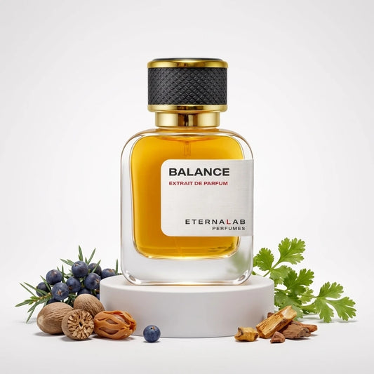 Eterna Lab Balance perfume bottle with juniper berries, whole nutmeg, mace, fresh coriander leaves, and wood chips.
