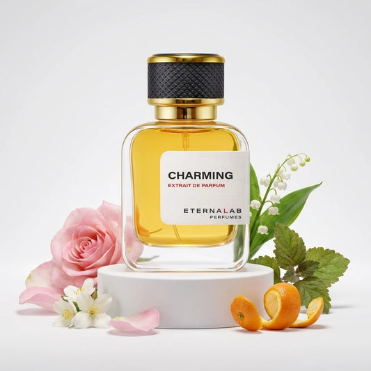 Eterna Lab Charming Extrait de Parfum bottle, surrounded by pink roses, lily of the valley, and orange peel.
