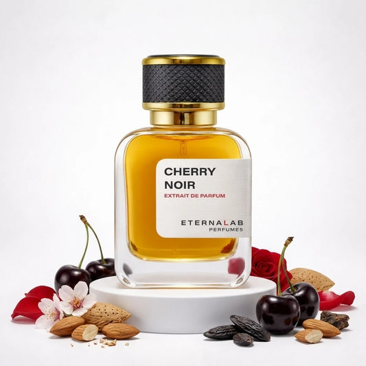 Eterna Lab Cherry Noir Extrait de Parfum bottle surrounded by dark cherries, almonds, tonka beans, rose, and cherry blossoms.