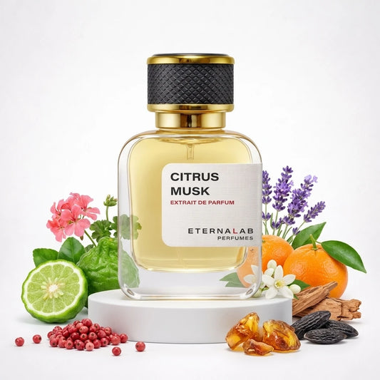 Eterna Lab Citrus Musk Perfume bottle with bergamot, mandarin, pink peppercorn, lavender, amber, and tonka beans.