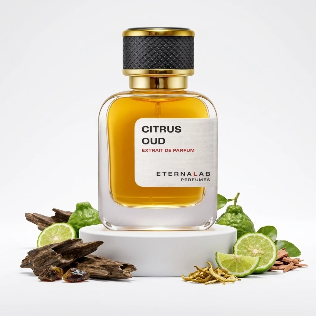 Eterna Lab Citrus Oud perfume bottle displayed with bergamot fruits, sliced lime, dark oud wood, and amber.