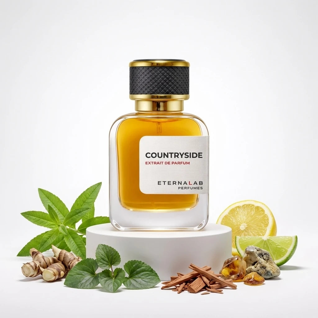 Eterna Lab Countryside Extrait de Parfum bottle with ginger roots, green leaves, sandalwood, amber, lemon, and lime.