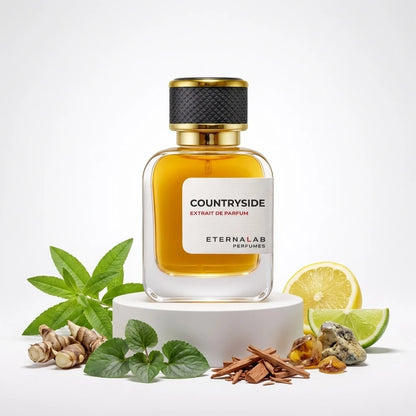 Eterna Lab Countryside Extrait de Parfum bottle with ginger roots, green leaves, sandalwood, amber, lemon, and lime.