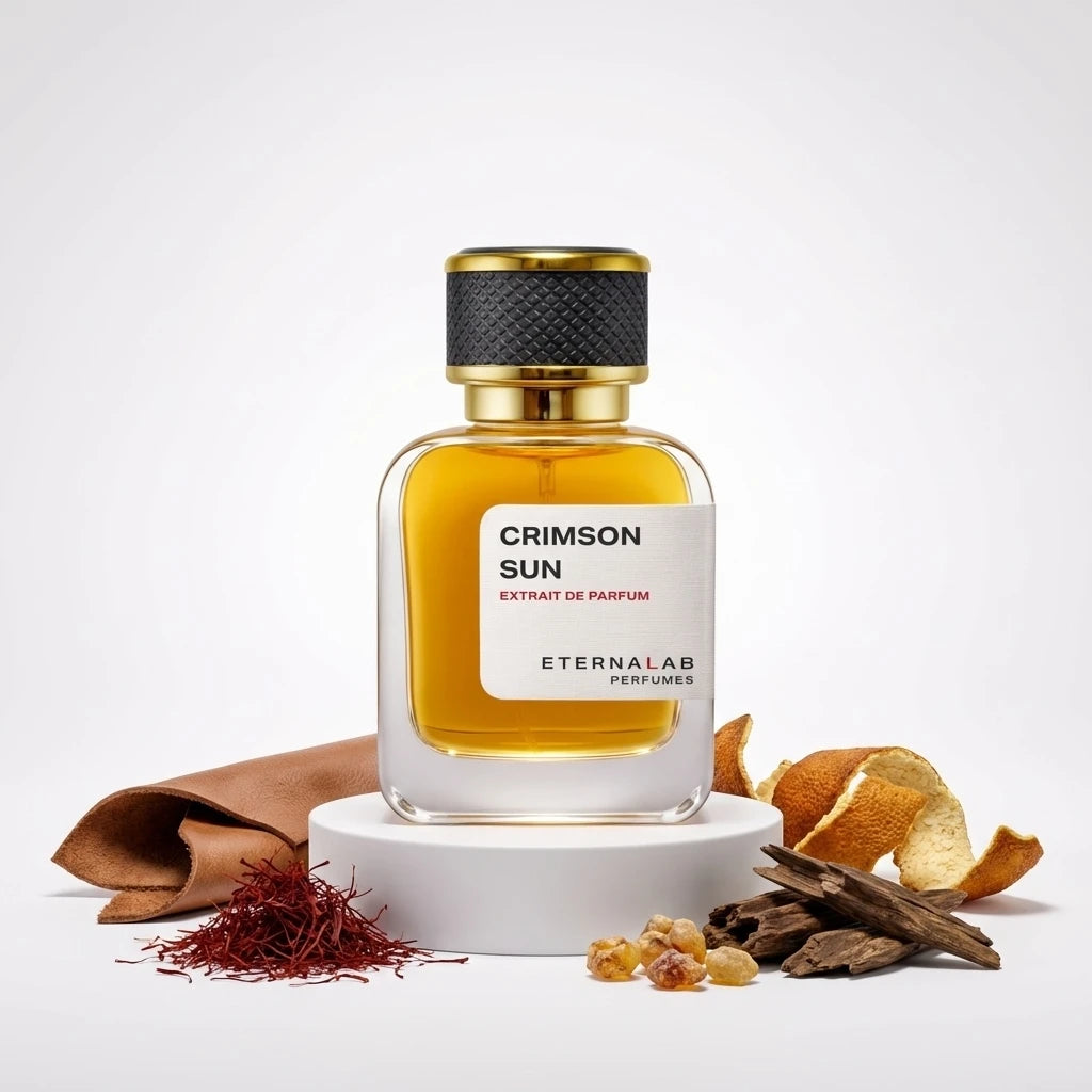 Eterna Lab Crimson Sun perfume bottle surrounded by leather, saffron, frankincense, oud, and dried orange peel.