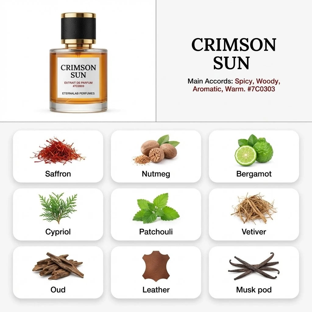 Eterna Lab Crimson Sun perfume bottle displayed with spicy, woody, aromatic notes of saffron, nutmeg, oud, leather, and mu...