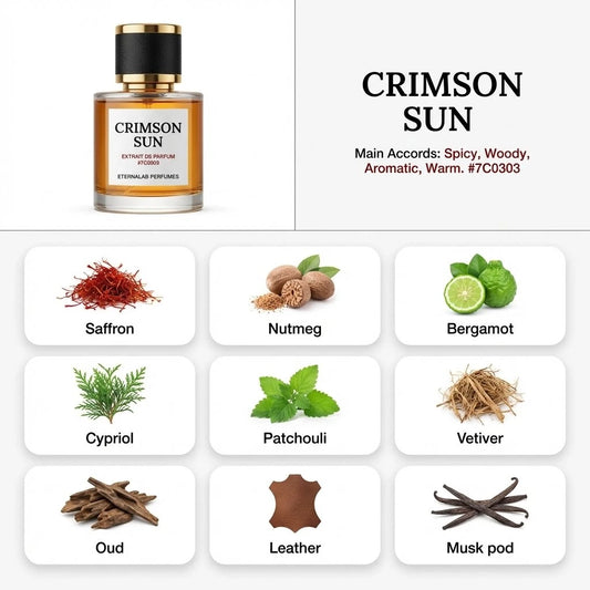 Eterna Lab Crimson Sun perfume bottle displayed with spicy, woody, aromatic notes of saffron, nutmeg, oud, leather, and mu...