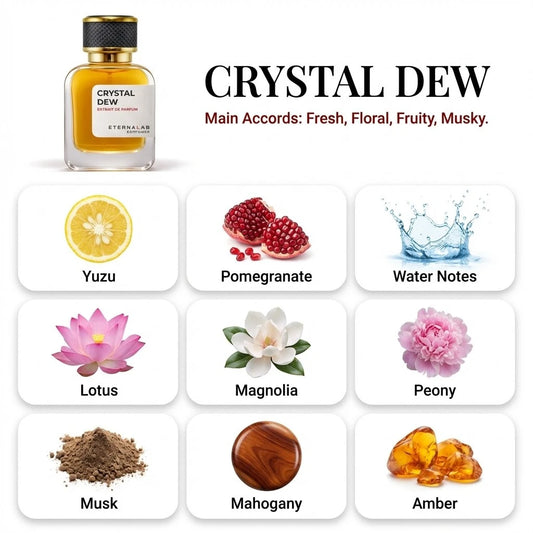 Eterna Lab Crystal Dew perfume bottle, yuzu, pomegranate, water, lotus, magnolia, peony, musk, mahogany, amber.