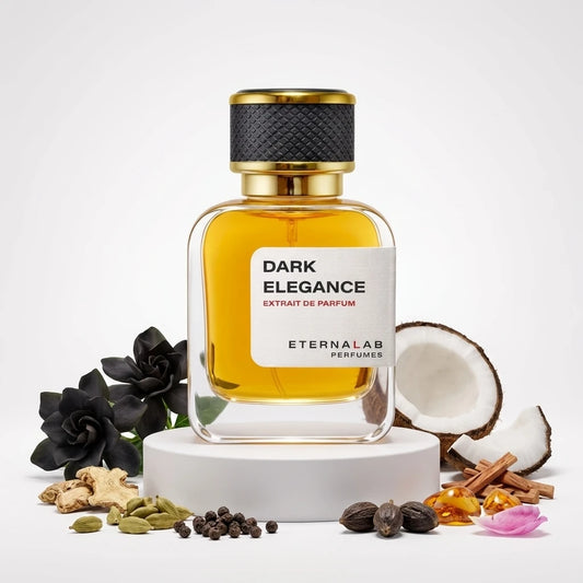 Eterna Lab Dark Elegance Extrait de Parfum bottle with ginger, cardamom, pepper, nutmeg, amber, cinnamon, coconut, and dar...