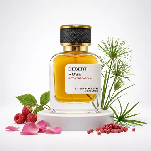 Eterna Lab Desert Rose perfume bottle with fresh raspberries, pink rose petals, red peppercorns, and green papyrus.