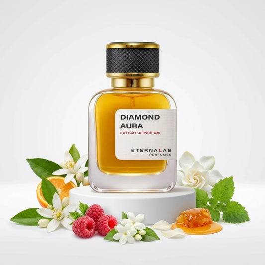 Eterna Lab Diamond Aura perfume bottle surrounded by fresh orange blossom, jasmine, raspberries, mint, and dripping honey.