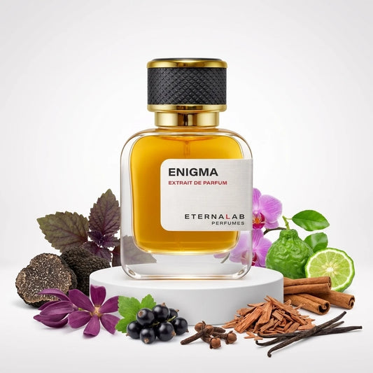 Eterna Lab Enigma Extrait de Parfum bottle with truffles, bergamot, blackcurrant, vanilla, spices, sandalwood, and purple ...