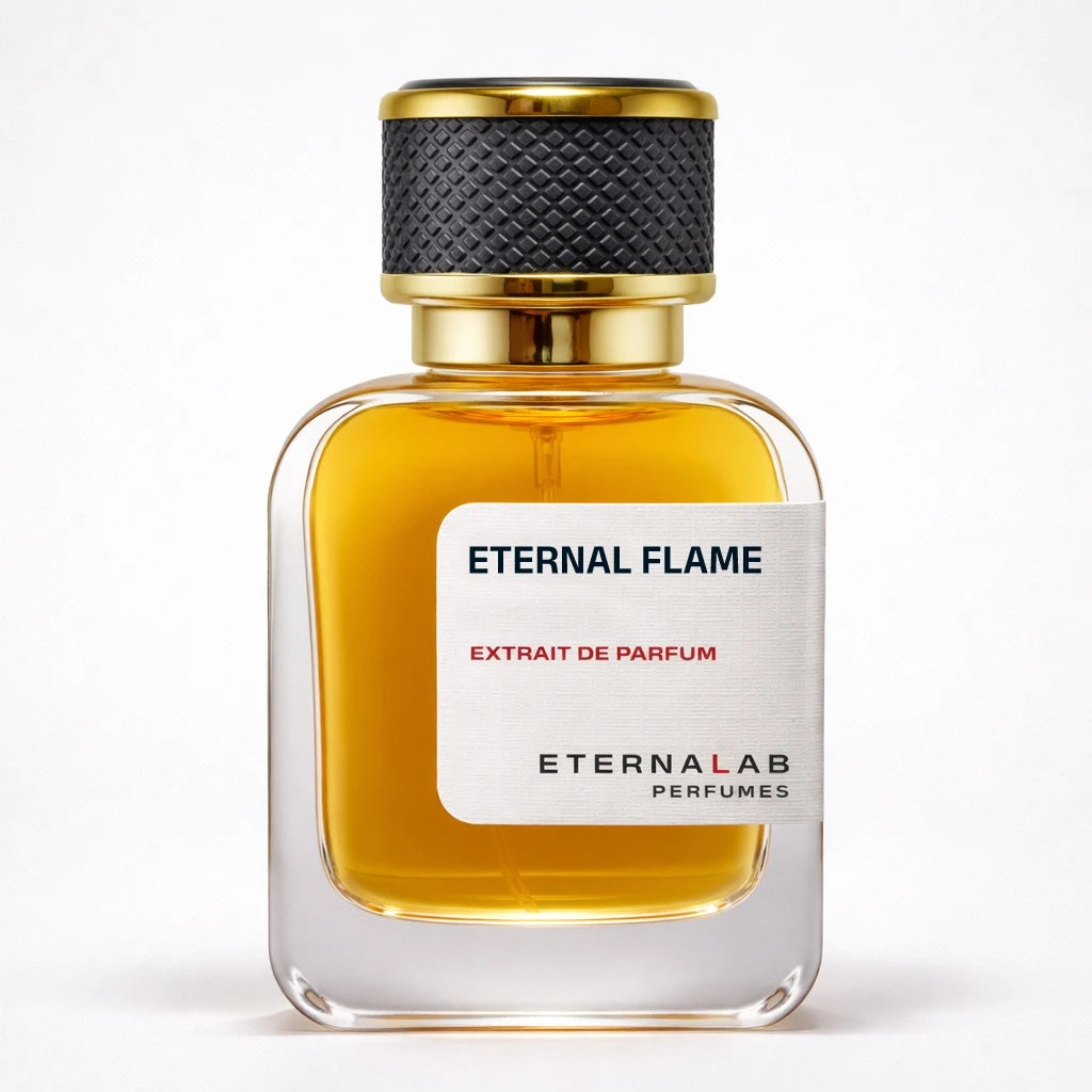 Eterna Lab Eternal Flame Extrait de Parfum in a clear glass bottle, evoking a bold, enduring fragrance.