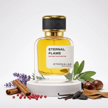 Eterna Lab Eternal Flame perfume bottle, lavender, cinnamon, pink peppercorns, sage, chestnuts, vanilla, tonka bean, and l...