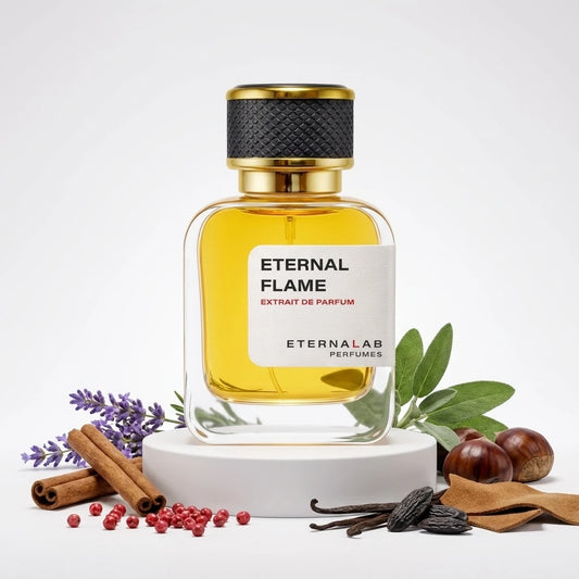 Eterna Lab Eternal Flame perfume bottle, lavender, cinnamon, pink peppercorns, sage, chestnuts, vanilla, tonka bean, and l...