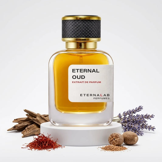 Eterna Lab Eternal Oud Extrait de Parfum bottle with oud wood, saffron, lavender, and nutmeg notes.