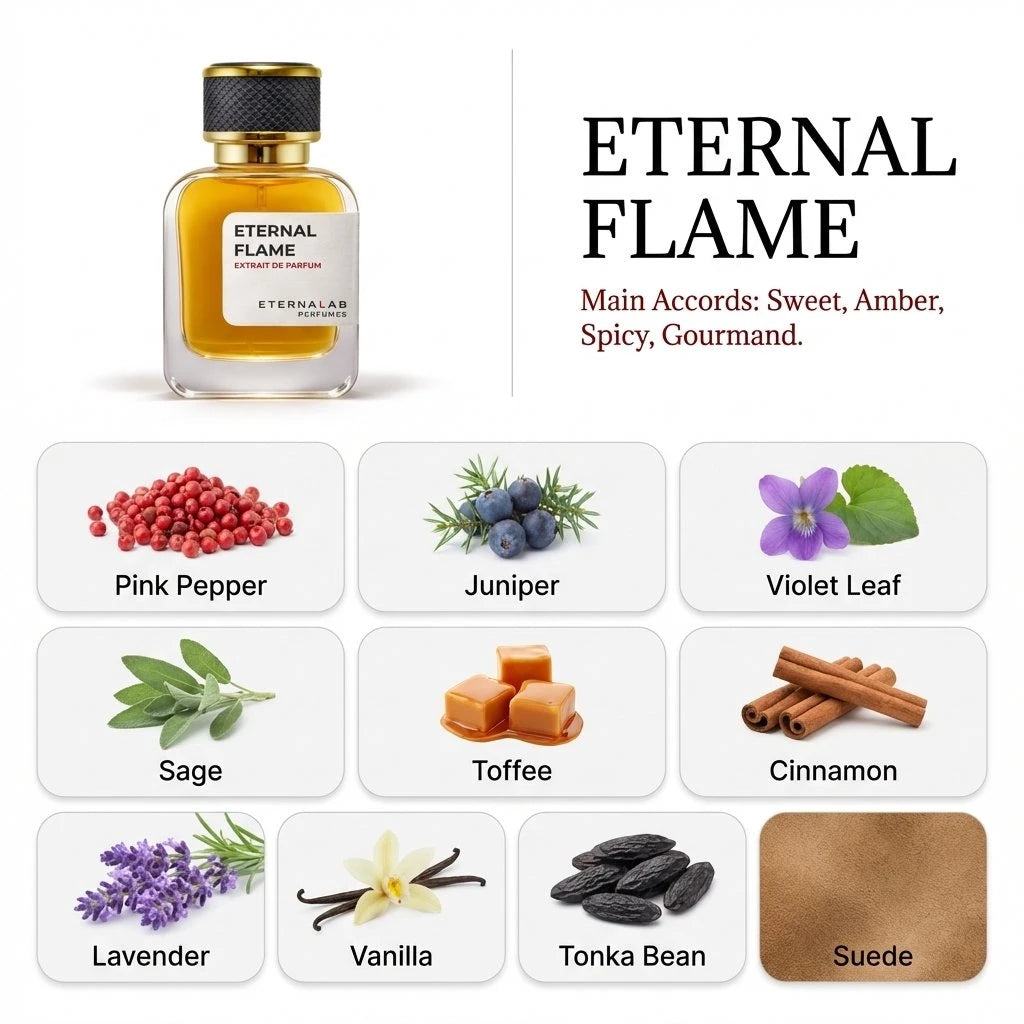 Eterna Lab Eternal Flame perfume bottle with visible notes of pink pepper, juniper, violet leaf, toffee, vanilla, and suede.