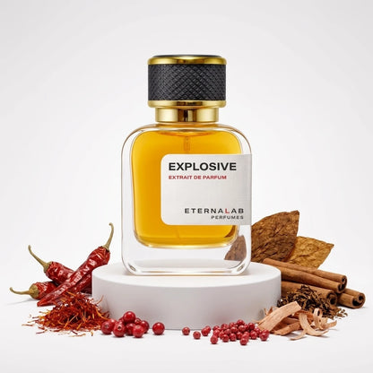 Eterna Lab perfume bottle with red peppers, saffron, tobacco leaves, cinnamon sticks, wood shavings, and red berries.