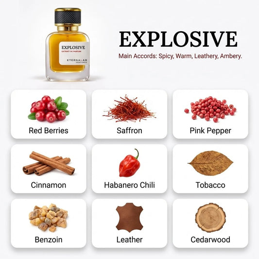 Eterna Lab Explosive perfume with spicy, warm, leathery, ambery accords featuring saffron, leather, tobacco, and red berries.