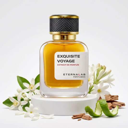 Eternallab Perfumes Exquisite Voyage Extrait de Parfum bottle with neroli, tuberose flowers, cedar wood, and lime zest.