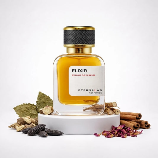 Eterna Lab Elixir perfume bottle surrounded by tonka beans, cinnamon sticks, ginger, ginseng, and dried rose petals.