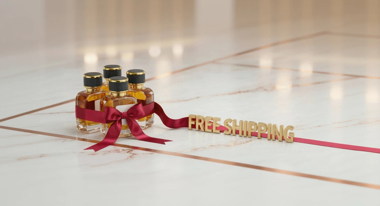 eternalab free delivery offer over 90 Three small bottles of perfume with a red ribbon on a marble surface, accompanied by 'FREE SHIPPING' text.