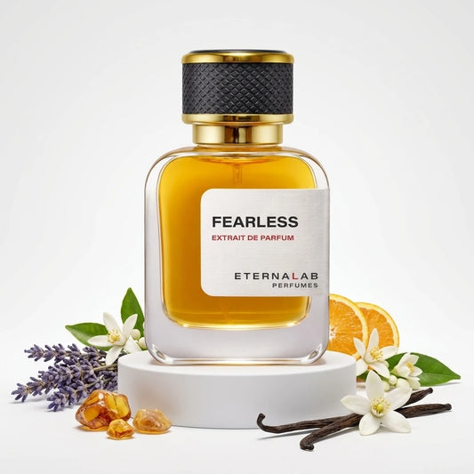 Eterna Lab Fearless Extrait de Parfum bottle with visible scent notes of lavender, amber, orange, and vanilla.