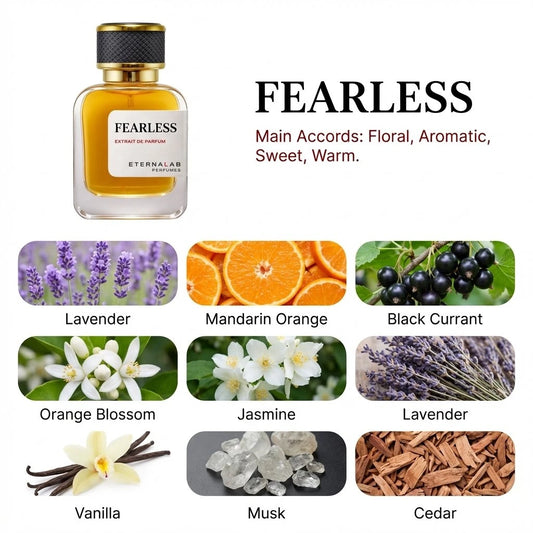 Eterna Lab Fearless perfume bottle with notes of lavender, mandarin, black currant, orange blossom, jasmine, vanilla, musk...