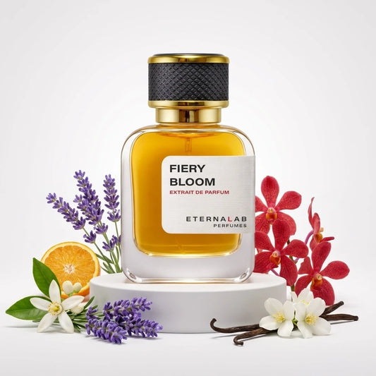 Eterna Lab Fiery Bloom Extrait de Parfum bottle with fresh lavender, orange, orchid, and vanilla notes.