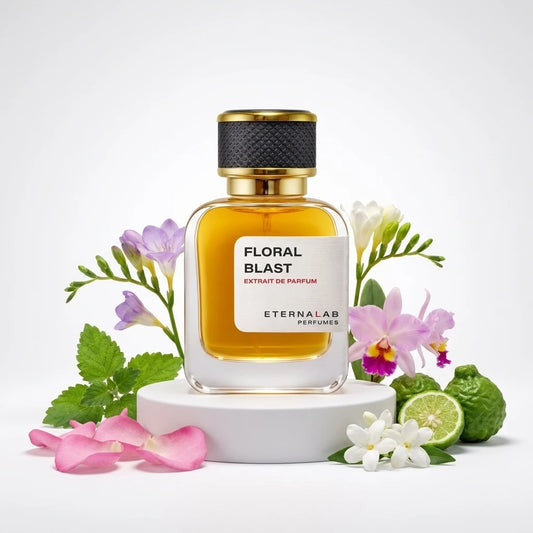 Eterna Lab Floral Blast perfume bottle with freesias, orchid, mint, rose petals, jasmine, and bergamot fruit.
