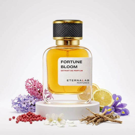 Eterna Lab Fortune Bloom Extrait de Parfum with hyacinth, pink peppercorn, jasmine, lemon, iris, and woody roots.